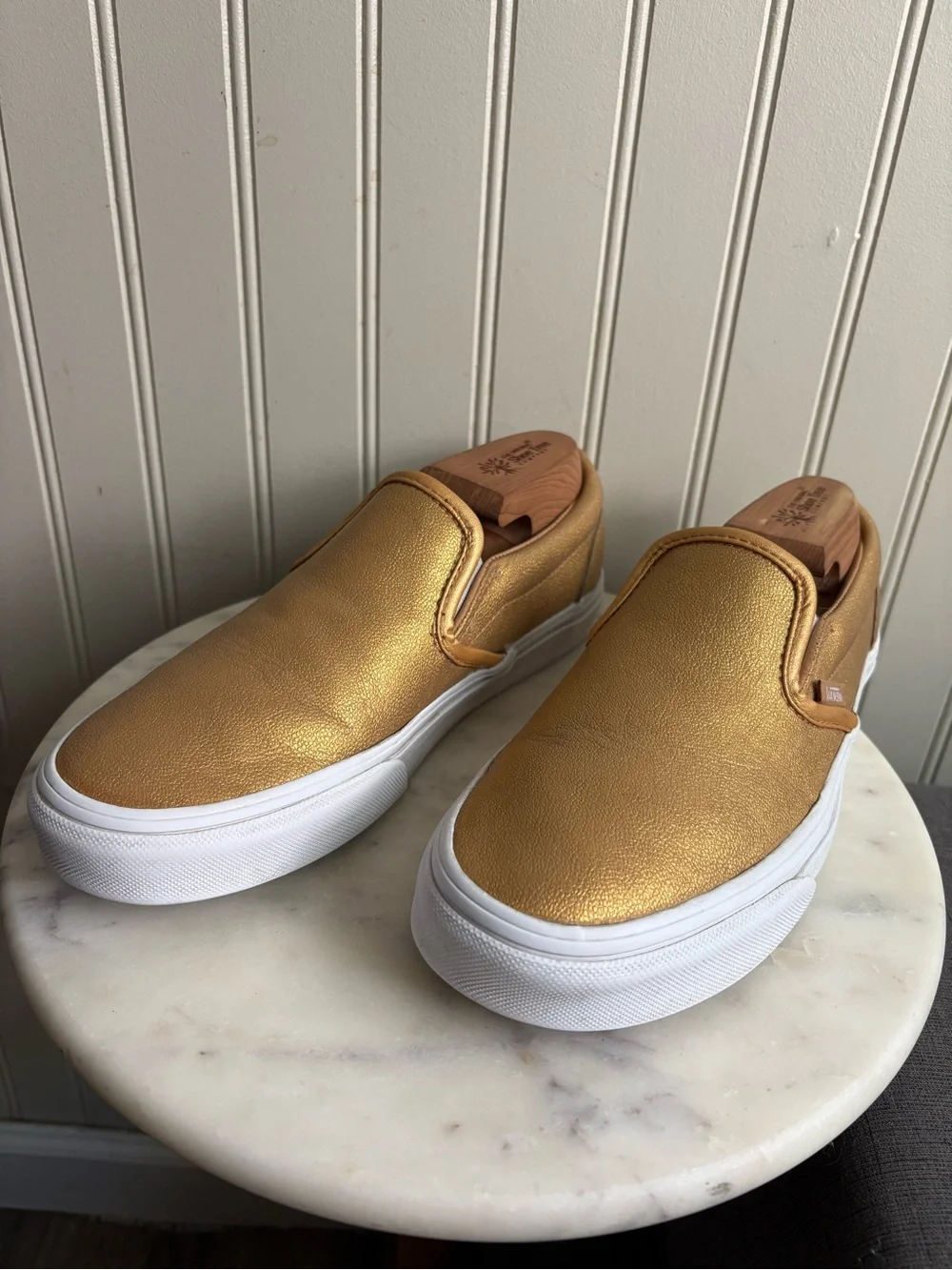 Vans Leather Slip Ons Sneakers Women 8.5 Gold Casual Classic Streetwear Metallic - Picture 4 of 8